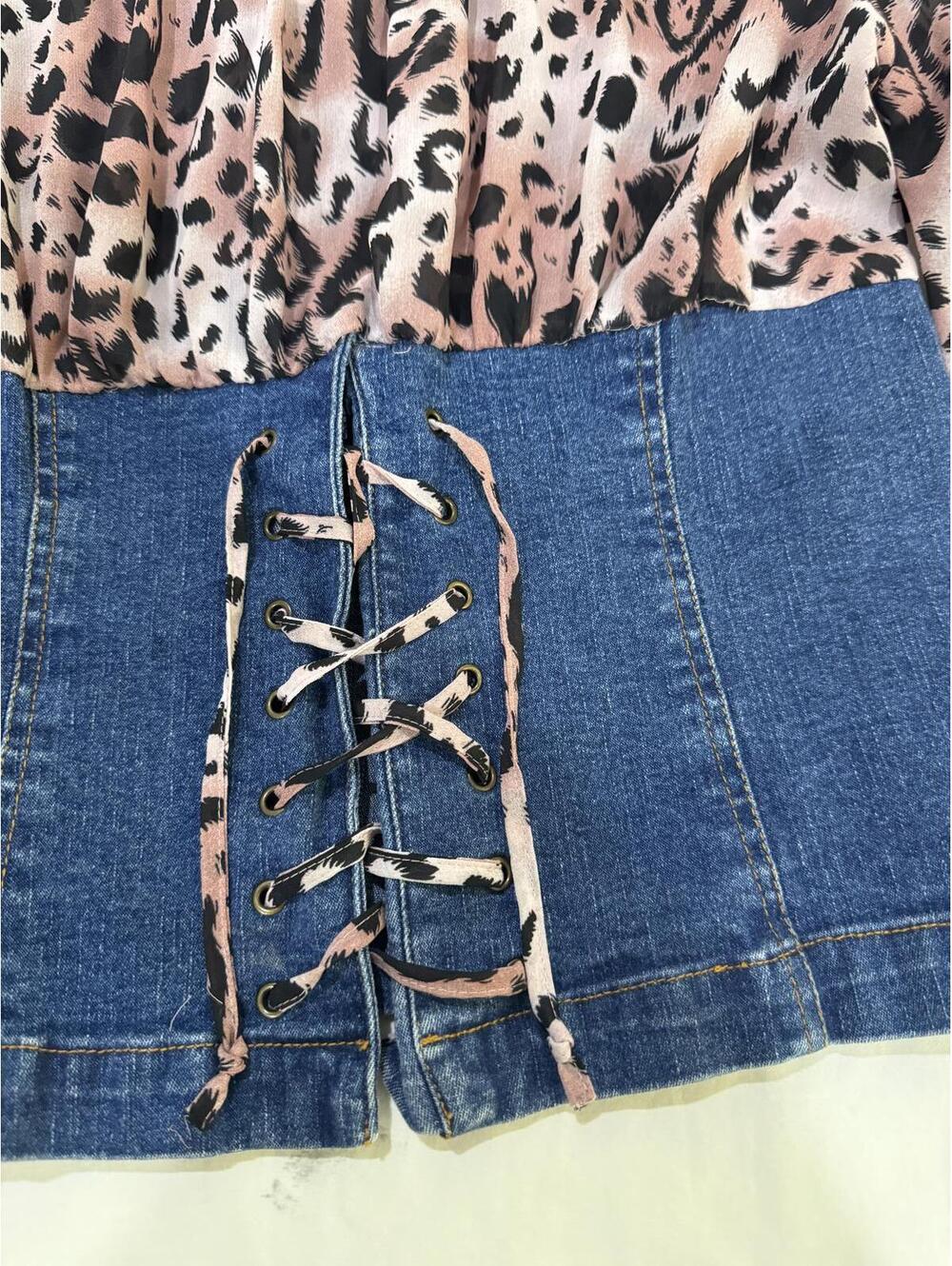 Vintage 90s Forenza Pink Leopard Print Denim Corset Blouse Top Size 10 - Picture 3 of 9